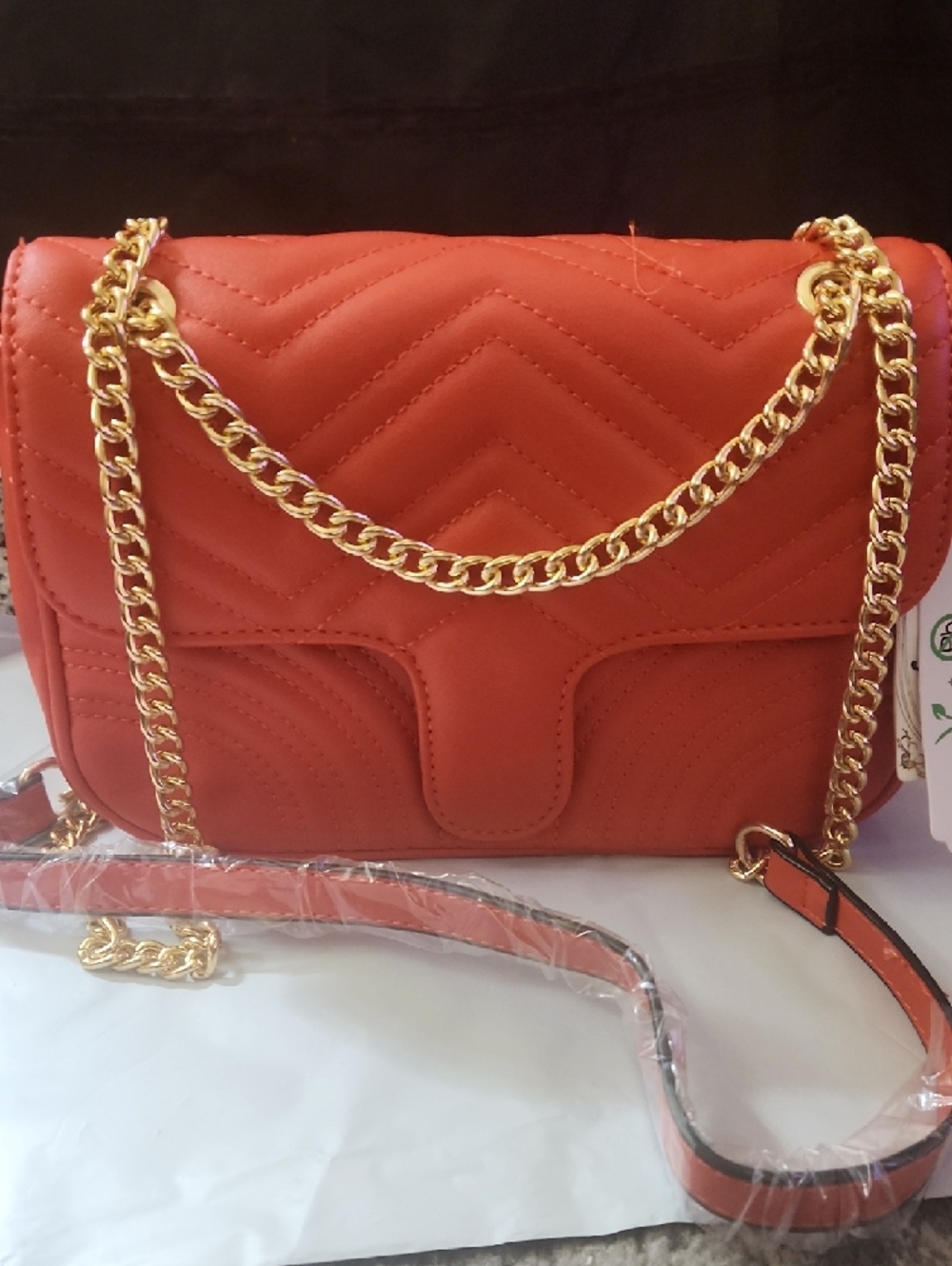 Orange Quilted Crossbody Bag with Gold Chain Strap and Matching Wallet - Picture 2 of 6